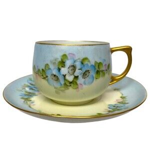 Vintage Tea Cup Saucer Moritz Zdekauer Austria Hand Painted Elegant Blue Floral